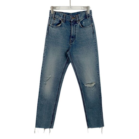 Celine Womens Blue Distressed High-Waisted Straight-Leg Jeans With Raw Hem Size - Picture 1 of 6